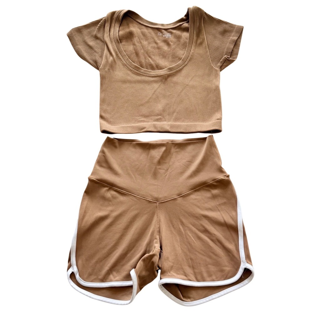 OFFLINE by Aerie Activewear Set Women XXS Brown Ribbed Crop Top  S Dolphin Short